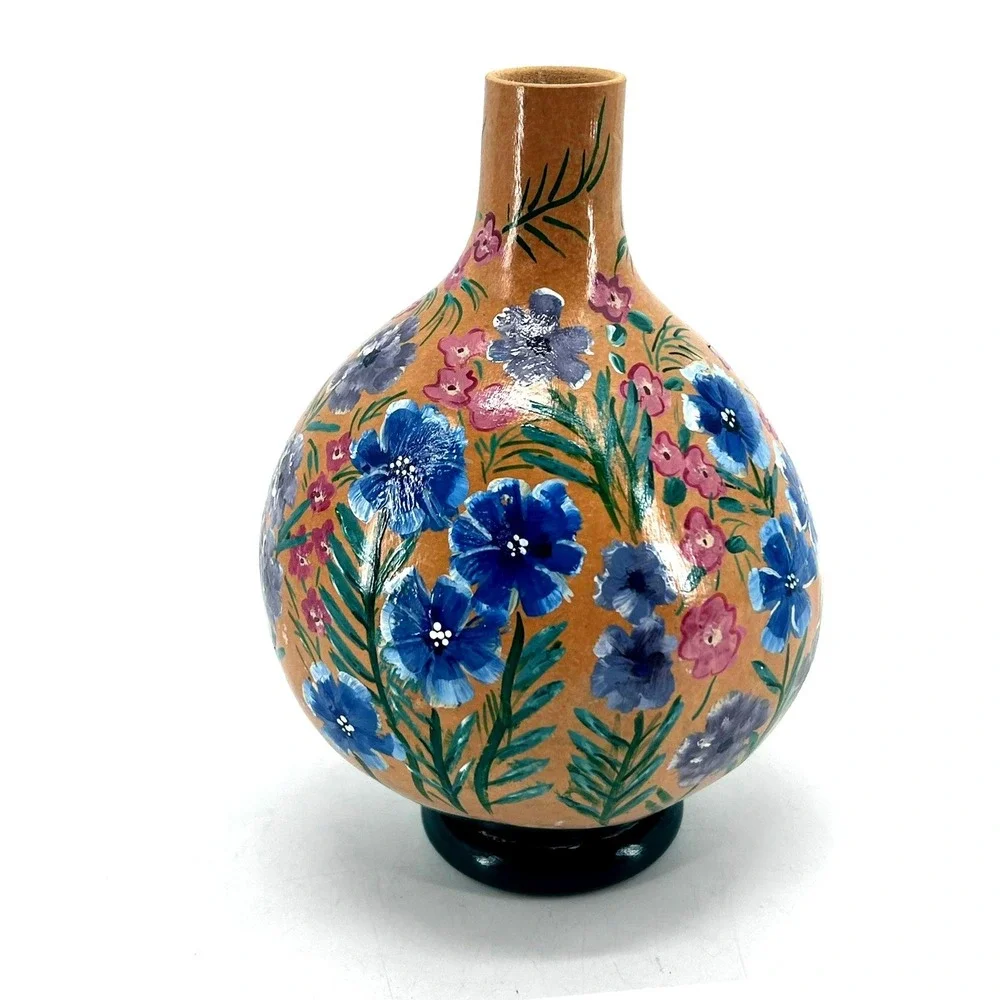 Hand Painted Floral Gourd Folk Art Vase Signed 1998 Blue Pink Flowers